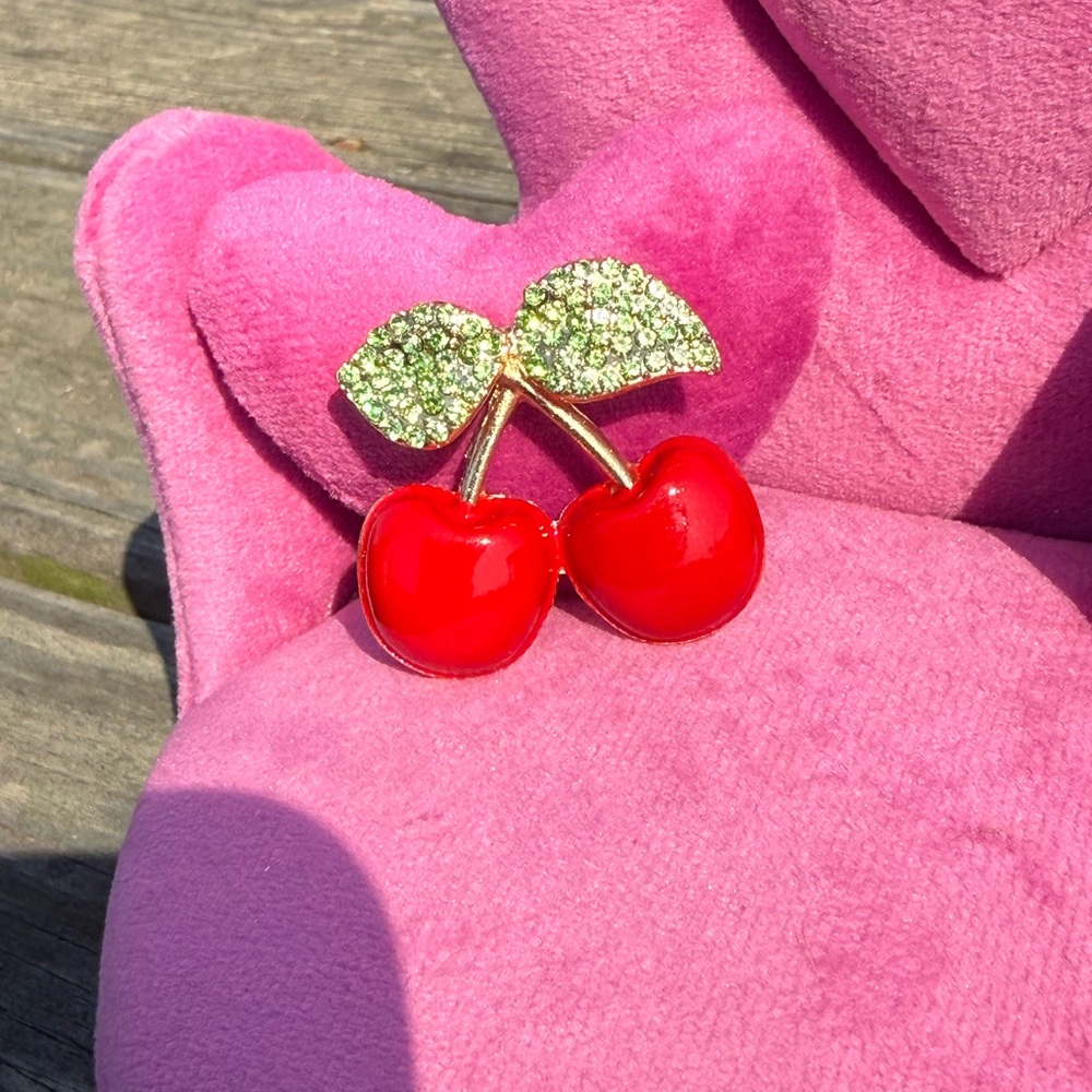 NEW Red Cherry Enamel Green Rhinestone Leaves Brooch